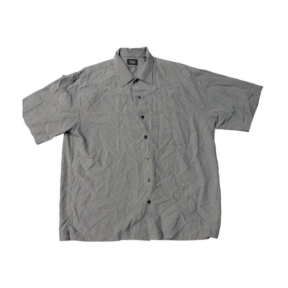 Haggar‎ Mens Short Sleeve Button Down Shirt Grey White Micro Check Size Large